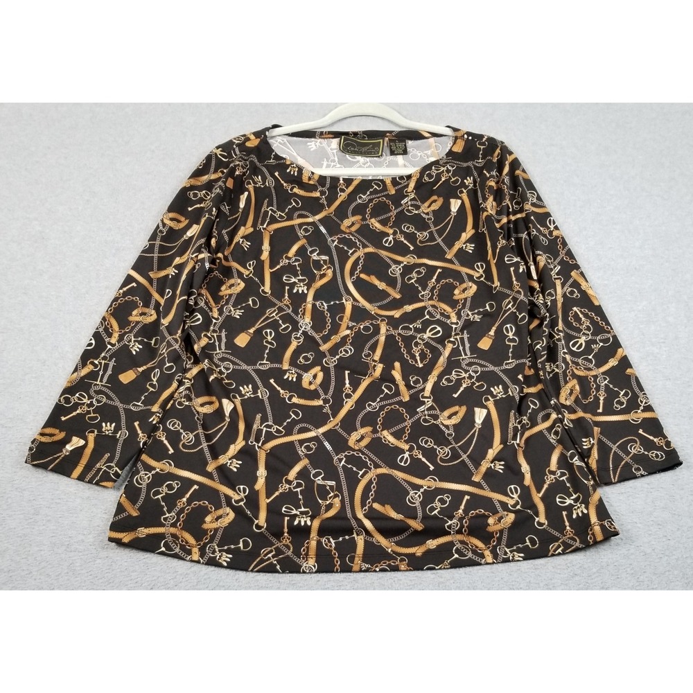 Diane Gilman Top Women L Large Black Brown Chain Print 3/4 Sleeve Stretch Blouse